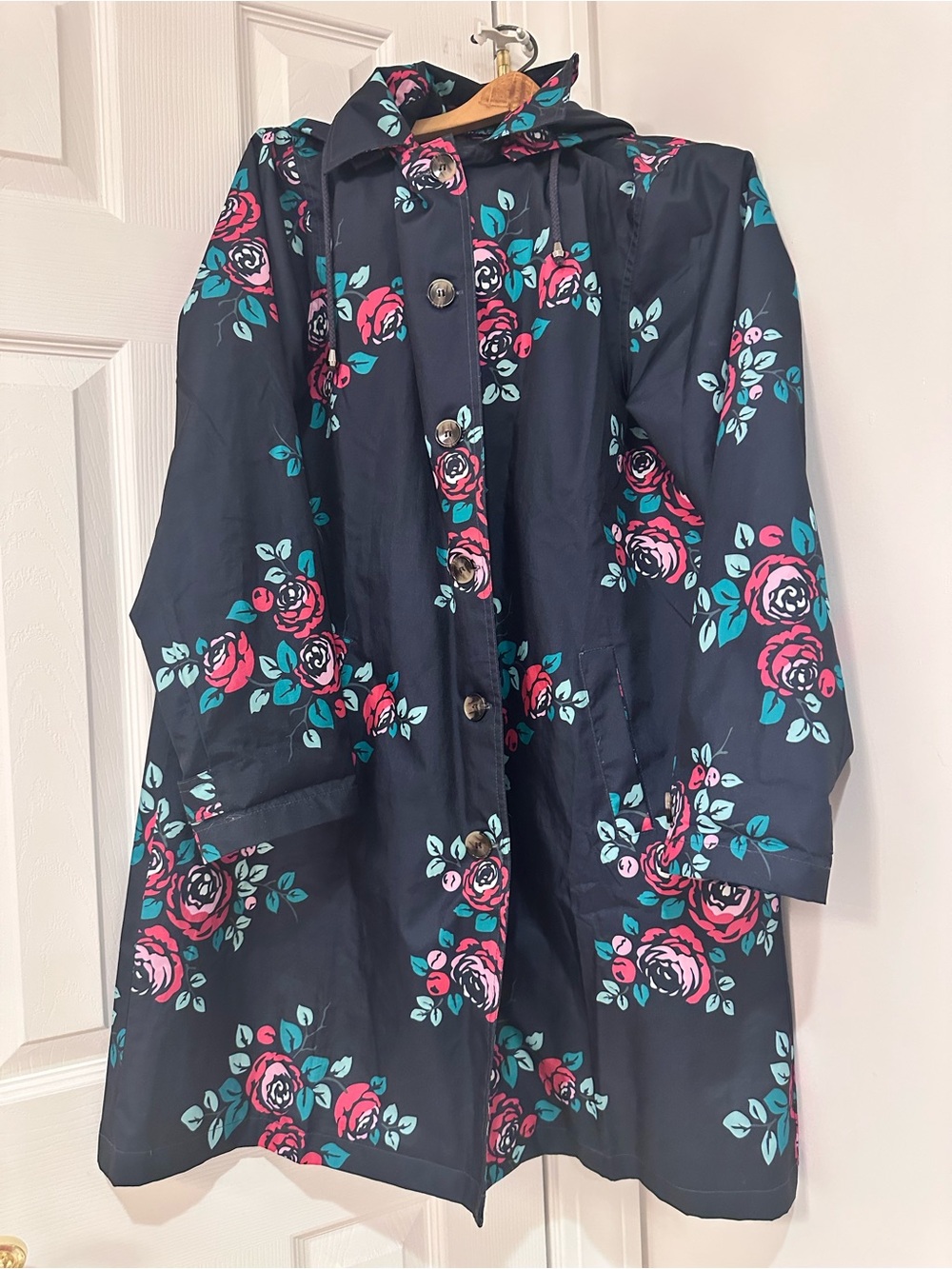 Capelli of New York Navy Floral Hooded Trench Coat Size M - Picture 2 of 16